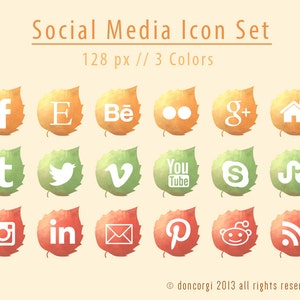 Autumn Leaves Social Media Icons 18 Icon Set Website Icons Social Media Logos Social Media Symbols Web Icons INSTANT DOWNLOAD image 1