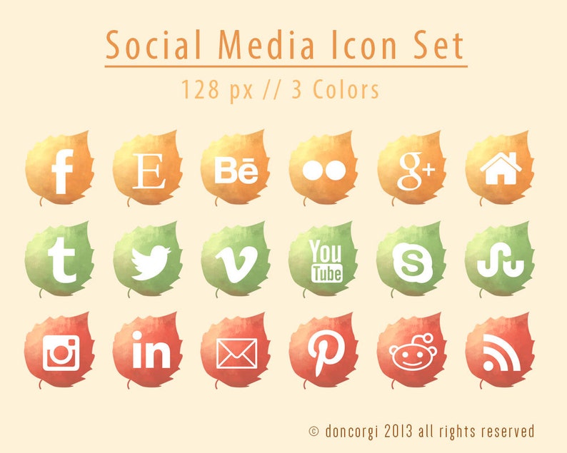 Autumn Leaves Social Media Icons 18 Icon Set Website Icons Social Media Logos Social Media Symbols Web Icons INSTANT DOWNLOAD image 1