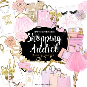 Shopping Addict Clipart, Fashion Clip Art Set, Fashion Girl, Shopper, Gift Boxes, Gift Bags, Hand Drawn Fashion Illustrations, Girly Clipart