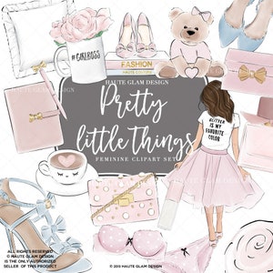 Pretty Little Things Digital Clip Art Fashion Illustrations Tulle Skirt Girl Feminine Chic Planner Bows Heels Fashion Books, 21 PNG Clip Art