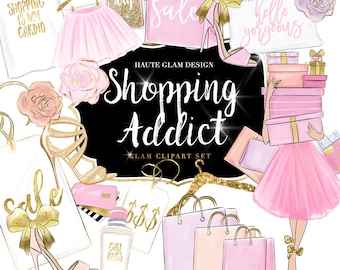 Shopping Addict Clipart, Fashion Clip Art Set, Fashion Girl, Shopper, Geschenkboxen, Geschenktüten, Handgezeichnete Modeillustrationen, Girly Clipart