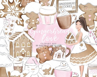 Gingerbread Love Clipart Set, Pink Winter Christmas Clipart Set, Gingerbread Cookies Clipart, Holiday Baking Art,  Gingerbread House, 27 PNG