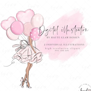 Mode illustrierte Clipart, Rosa Mode-Mädchen mit Luftballons, Rosa Planer Clipart, Planer Art, Sublimation, handgezeichnete Clip Art, 2 PNG