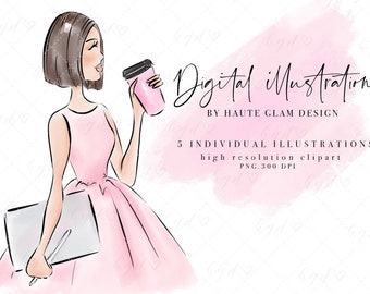 Fashion Illustrated Clipart, Pink Fashion Girl With Coffee, Pink Dress, Pink Clipart, Planner Art, Sublimation, Hand Drawn Clip Art, 5 PNG