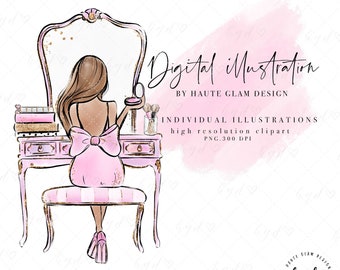 Fashion Illustrated Clipart, Vanity Girl, Girl Sitting At Vanity Desk, Pink Clipart, Planner Art, Fashion Logo Clip Art, Hand Drawn, 5 PNGs