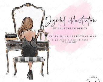 Fashion Illustrated Clipart, Vanity Girl, Girl Sitting At Vanity Desk, Sublimation Clipart, Planner Art, Fashion Logo Art Hand Drawn, 5 PNGs