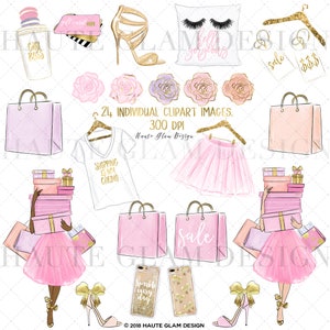 Op de afbeelding: Een set van 24 digitale clipart-afbeeldingen met een winkelthema. De afbeeldingen omvatten roze winkelzakken, cadeaudozen, een paar gouden hoge hakken, een roze tutu-rok, een wit T-shirt met de tekst "Shopping is my cardio" en een kussen met de tekst "Hello gorgeous".