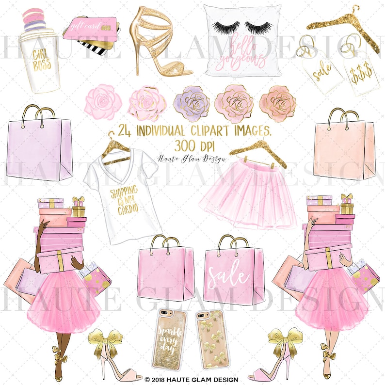 Op de afbeelding: Een set van 24 digitale clipart-afbeeldingen met een winkelthema. De afbeeldingen omvatten roze winkelzakken, cadeaudozen, een paar gouden hoge hakken, een roze tutu-rok, een wit T-shirt met de tekst "Shopping is my cardio" en een kussen met de tekst "Hello gorgeous".