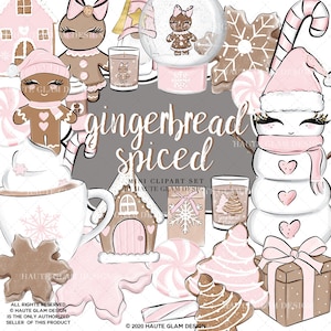 Gingerbread Spiced, Pink Winter Clipart Set, Christmas Clipart, Gingerbread Clipart, Snowman, Pink Christmas Winter, Planner Clipart, 20 PNG