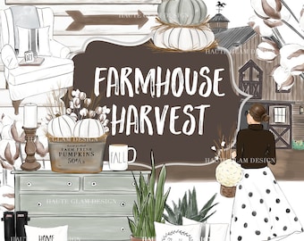 Farmhouse Harvest Clipart, Autumn Fall Thanksgiving, Farmhouse Illustrations, Barn, White Pumpkins, Fall Farmhouse, Cotton Flower, 31 Files