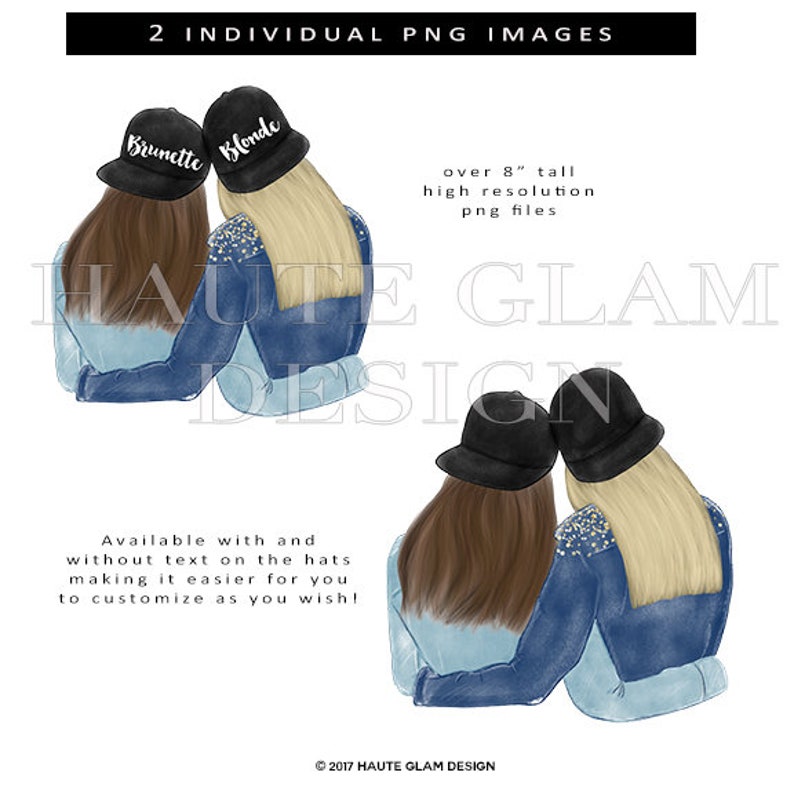 Digital Clip Art 300 DPI Blonde and Brunette Clipart Besties Clip Art 2 PNG Design Best Friends Illustration Fashion Illustration