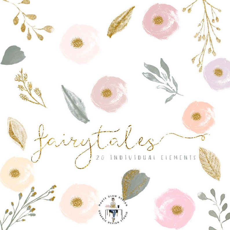 Fairytales Bouquets Floral Clipart High Resolution Watercolor Flowers Gold Glitter Clipart 23 Individual PNG Digital Design Elements