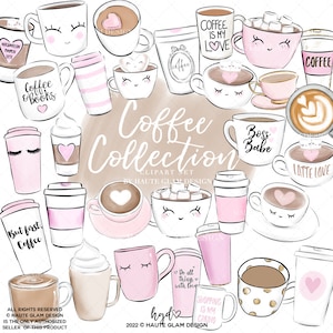 Coffee Clipart Set, Cute Coffees, Coffee Icons, Hand Drawn Clipart, Mugs, Coffee Cups, Hot Cocoa, Pink Coffee Clipart, Planner Art, 31 PNG