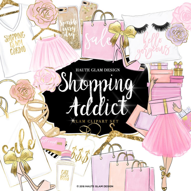 Op de afbeelding: Een digitale clipartset met een winkelthema. De set bevat afbeeldingen van winkelzakken, cadeaudozen, schoenen, een telefoonhoesje, een koffiebeker en een kussen. De afbeeldingen zijn in roze, goud en wit met glitteraccenten. De tekst "Shopping Addict" staat in het midden van de afbeelding.