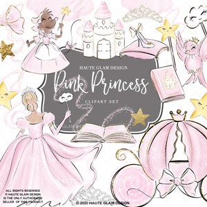 Ensemble de cliparts fantaisistes roses, clipart rose magique, château rose, calèche rose, couronne, livres de contes de fées, baguette magique, illustrations dessinées à la main