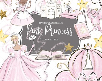 Pink Whimsical Clipart Set, Magical Pink Clipart, Pink Castle, Pink Carriage, Crown, Fairytale Books, Magic Wand, Hand Drawn Illustrations