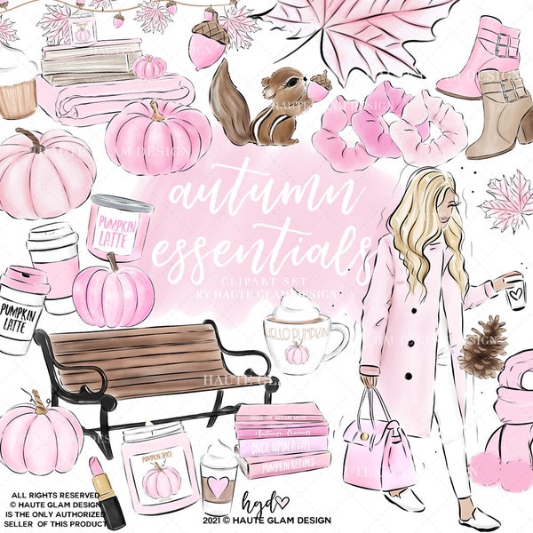 Pink Autumn Essentials Clipart, Pink Fall Clipart, Fall Fashion Girl, Fall Scene, Pumpkins, Pumpkin Spice, Cozy Fall, Leaf Garland 32 Files