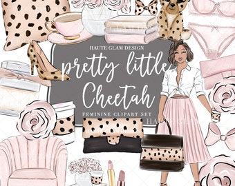 Pretty Little Cheetah Digital Clipart Set, Pretty Feminine Clipart, Cheetah Dots, Animal Print, Blush Pink Fashion Clipart, 25 PNG Files