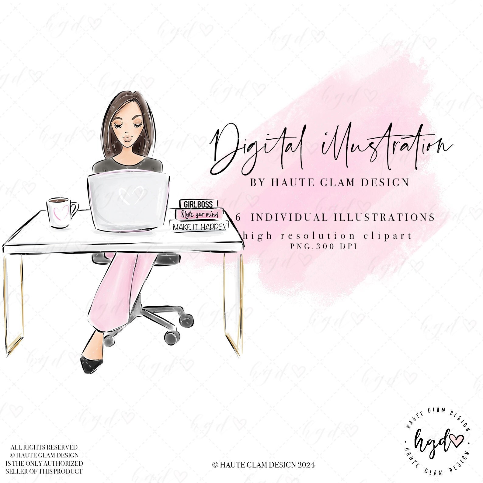 Fashion Illustrated Clipart, Girl Sitting At Desk, Office Girl, Pink Planner Clipart, Planner Art, Sublimation, Hand Drawn Clip Art, 6 PNG