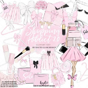 Conjunto de imágenes prediseñadas de adicta a las compras, chica de moda, compradora, adicta a las compras, cajas de regalo, bolsas de regalo, imágenes prediseñadas de boutique, ilustraciones dibujadas a mano, 31 PNG