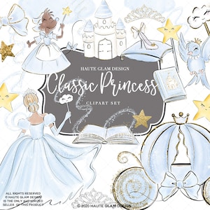 Ensemble de cliparts lunatique classique, Clipart de conte de fées bleu lunatique magique, anniversaire château conte de fées livres baguette magique dessinés à la main Illustrations