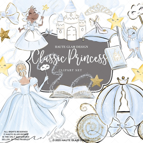 Classic Whimsical Clipart Set, Fairytale Clipart Magical Whimsical Blue, Birthday Castle Fairytale Books Magic Wand Hand Drawn Illustrations