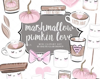 Marshmallow Pumpkin Digital Clipart, Autumn Mini Clip Arts, Cute Marshmallows, Coffee Latte, Smores, Lashes Mug, Fall Candles,  18 PNG Files