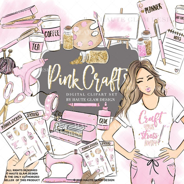 Pink Crafting Clipart Set, Planner Clipart, Pink Arts And Crafts, Hand Drawn Art Supplies Pink And Gold Glitter, 32 PNG