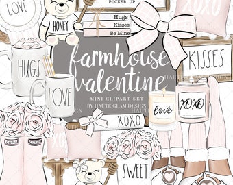 Farmhouse Valentine Clipart Set, Pink Valentine Clipart, Love Clipart, Cozy, Coffee, Pink Flowers, Pink Love Hugs, Planner Clipart, 20 PNG