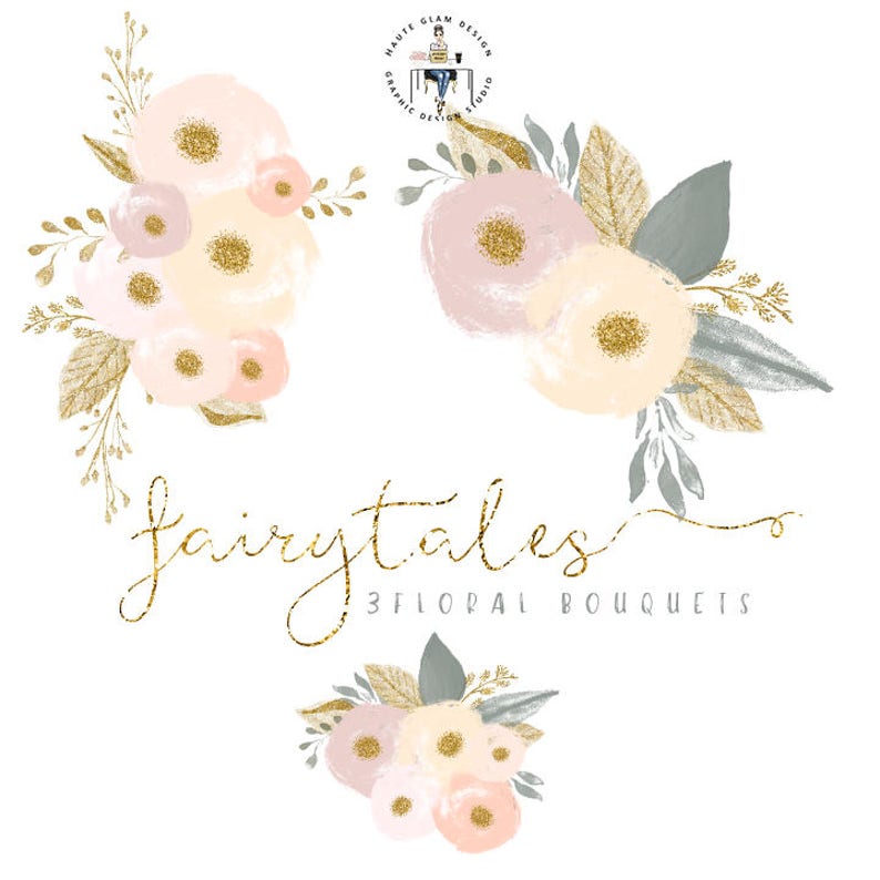 Fairytales Bouquets Floral Clipart High Resolution Watercolor Flowers Gold Glitter Clipart 23 Individual PNG Digital Design Elements