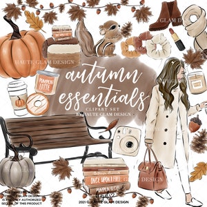 May include: An illustration featuring autumn-themed elements. Includes a pumpkin, coffee cup, donut, squirrel, books, and a woman in a coat. The text "autumn essentials" is displayed. Other items include boots, lipstick, and a bench.