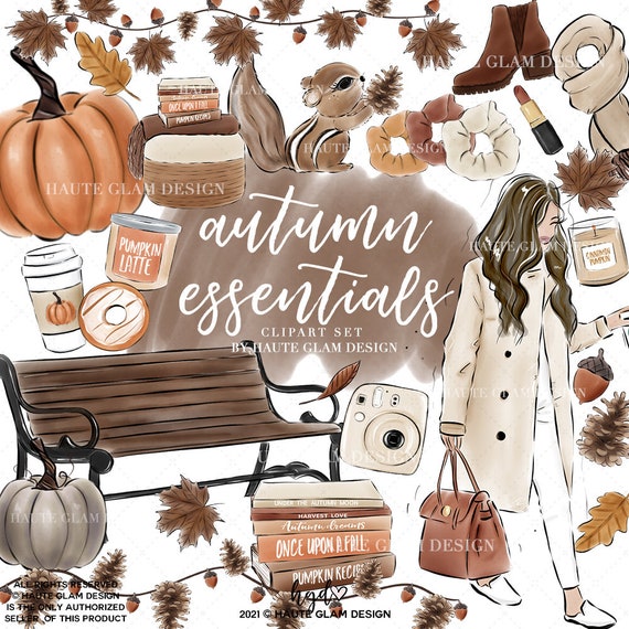 Autumn Essentials Clipart, Fall Clipart, Fall Fashion Girl, Fall Scene, Pumpkins, Pumpkin Spice, Cozy Fall, Autumn Leaves, Garlands 32 Files