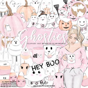 Ghosties Clipart Set, Halloween Clipart, Planner Girl, Pink Halloween, Hand Drawn Graphics, Ghost Pumpkins, Ghost Coffee Girls, Boo, 37 PNG