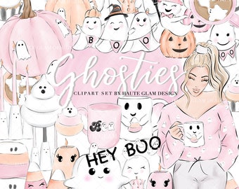 Ghosties Clipart Set, Halloween Clipart, Planner Girl, Pink Halloween, Hand Drawn Graphics, Ghost Pumpkins, Ghost Coffee Girls, Boo, 37 PNG