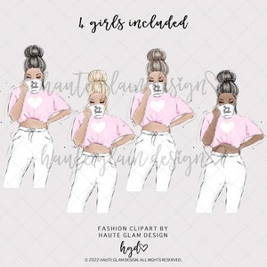 Pu&ograve; includere: Quattro illustrazioni di donne che indossano crop top rosa con un cuore bianco e il testo "Boss Babe" su una tazza, pantaloni bianchi e un'acconciatura con un chignon disordinato. Ogni donna ha un tono della pelle diverso.
