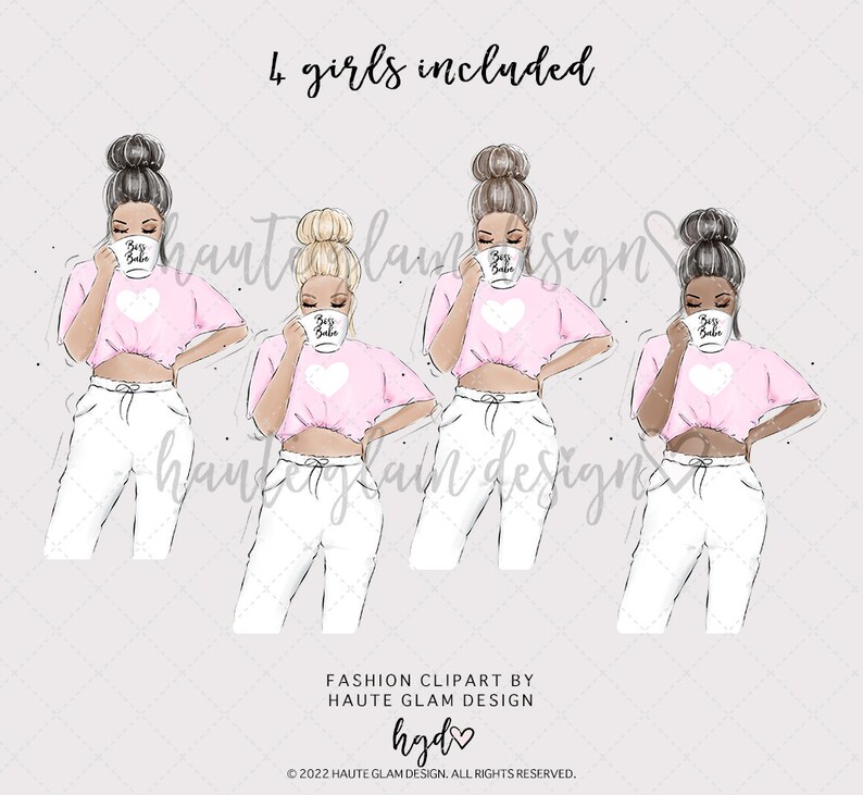 Pu&ograve; includere: Quattro illustrazioni di donne che indossano crop top rosa con un cuore bianco e il testo "Boss Babe" su una tazza, pantaloni bianchi e un'acconciatura con un chignon disordinato. Ogni donna ha un tono della pelle diverso.