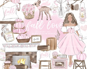 May include: A digital clipart set with a fall theme. The set includes a variety of images, including pumpkins, a fireplace, a deer, a girl, and a sign that says "Fall Market". The images are all in a pink and brown color scheme.