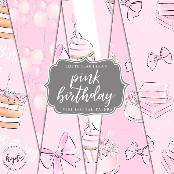 Pink Birthday 6" Digital Papers, Seamless Patterns, Birthday Papers, Pink Papers, Birthday Background Papers, Pink Bows, Balloons, 6 Papers