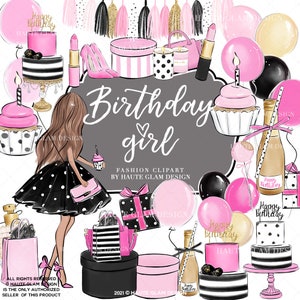 Digitale Clipart-Set zum Geburtstag, rosa Geburtstag, Glam-Geburtstagsparty, Geburtstagskind, Luftballons, Geschenke, Kuchen Clipart, von Hand gezeichnet, 35 PNG-Dateien