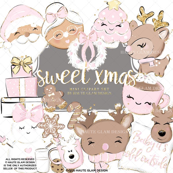 Pink Christmas Winter Clipart Set, Pink With Gold Glitter Christmas Clip Art,  Christmas Icons, Xmas Planner Clipart, Reindeer, Santa 14 PNG