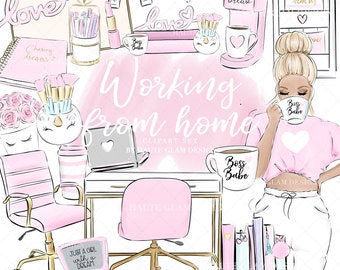 Home Office Clipart Set, Girlboss Clipart, Pink Fashion Icons, Pink Office Clipart, Boss Babe, Planner Girl Clipart, Fashion Illustrations