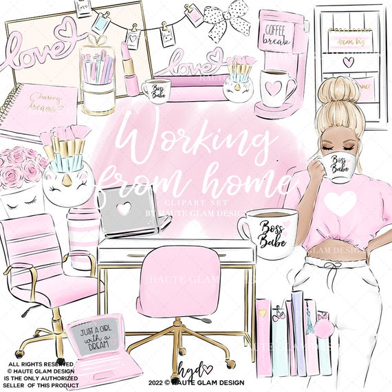Home Office Clipart Set, Girlboss Clipart, Pink Fashion Icons, Pink Office Clipart, Boss Babe, Planner Girl Clipart, Fashion Illustrations