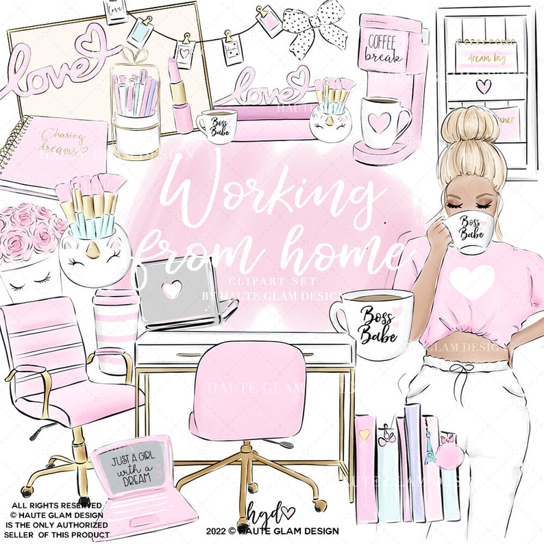 Pu&ograve; includere: Un'illustrazione rosa e bianca di una donna che lavora da casa. L'immagine include una scrivania, un laptop, una tazza da caff&egrave;, una sedia e una variet&agrave; di altri articoli da ufficio. Il testo "Working from home" &egrave; scritto in lettere rosa su uno sfondo bianco. Il testo "Boss Babe" &egrave; scritto su una tazza da caff&egrave; rosa.