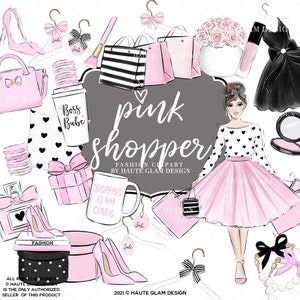 Roze winkelen digitale clipartset, mode-illustraties, roze modemeisje, roze boetiek, winkelen, handgetekende mode-illustraties, 32 png