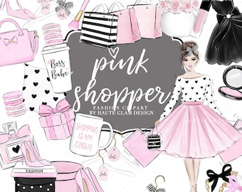 Conjunto de imágenes prediseñadas digitales de compras en rosa, imágenes prediseñadas de moda, chica de moda rosa, boutique rosa, compras, ilustraciones de moda dibujadas a mano, 32 PNG