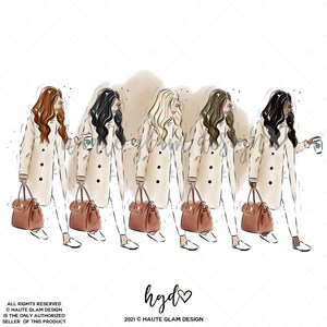 May include: Illustration of five women with different hair colors, wearing beige coats, white pants, and carrying brown handbags. Some hold coffee cups. The artwork has a watercolor style and a fashion theme.