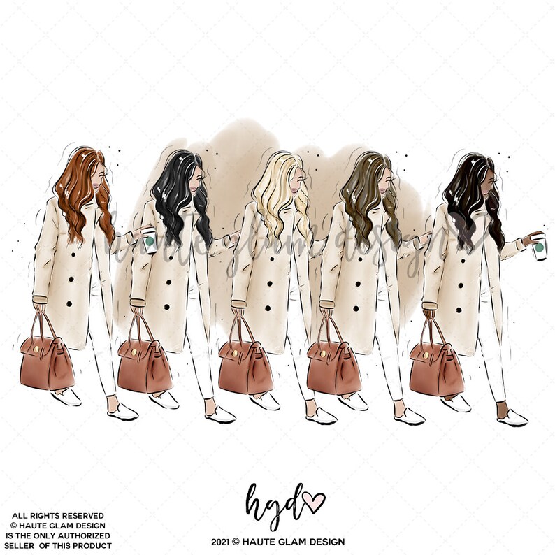 May include: Illustration of five women with different hair colors, wearing beige coats, white pants, and carrying brown handbags. Some hold coffee cups. The artwork has a watercolor style and a fashion theme.