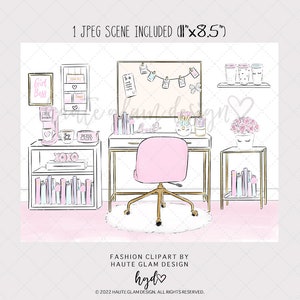 Pu&ograve; includere: Una scrivania rosa e dorata con una sedia rosa, una libreria, una macchina per il caff&egrave; e un vaso di fiori rosa. La scrivania ha un tappeto bianco sotto. Il testo "Girl Boss" &egrave; su un quadro incorniciato sul muro. Il testo "XOXO" &egrave; su uno scaffale. Il testo "Boss Lady" &egrave; su un vassoio sulla scrivania. Il testo "hgd" &egrave; in fondo all'immagine.