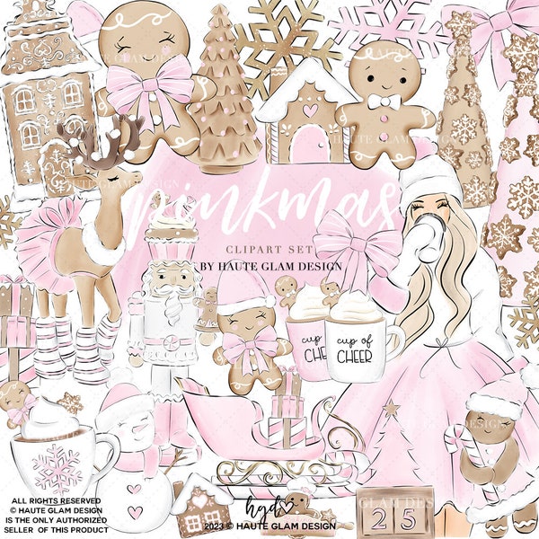 Pink Christmas Clipart Set, Gingerbread House, Hot Cocoa, Cute Christmas, Pink Illustrations, Hand Drawn Graphics, Coffee Girls,  31 PNG