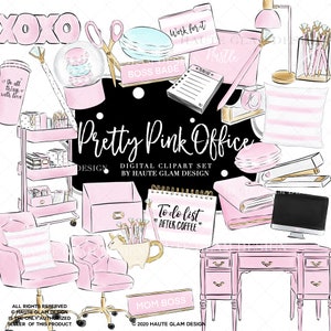 Vrij roze kantoor clipart set, Bossbabe illustraties, roze planner briefpapier kantoorbenodigdheden, handgetekende illustraties, Girlboss clipart